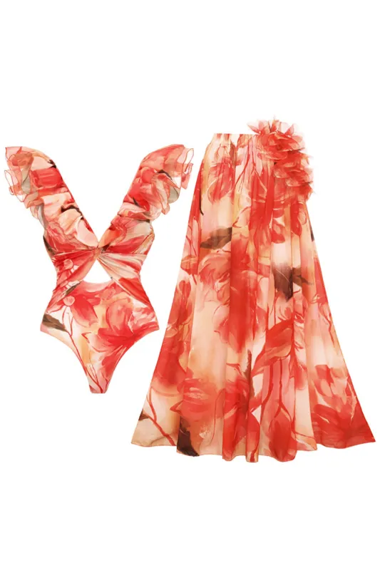 Orange Ruffled 2 Piece V-Neck Swimsuit with Beach Dress made by Zapaka