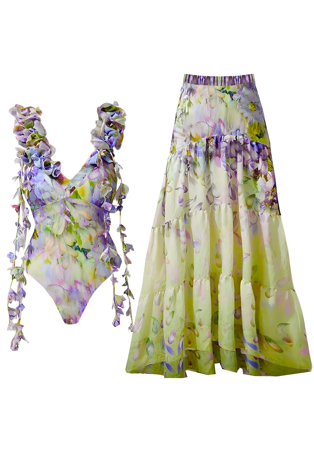 Green Floral 2 Piece V-Neck Ruffled Swimsuit with Beach Dress sold by Zapaka