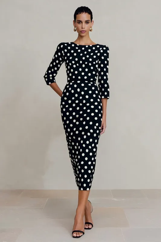 Black White Dot Bateau Neck Sheath Midi Work Dress with Sleeves sold by Zapaka