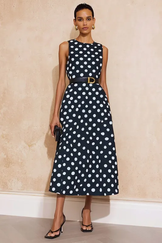 Navy White Dot Round Neck A Line Midi Work Dress with Belt sold by Zapaka