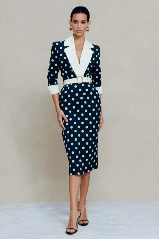 Navy White Dot Notched Lapel Bodycon Midi Work Dress with Belt sold by Zapaka