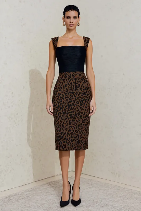 Sheath Square Neck Black and Brown Leopard Midi Work Dress sold by Zapaka
