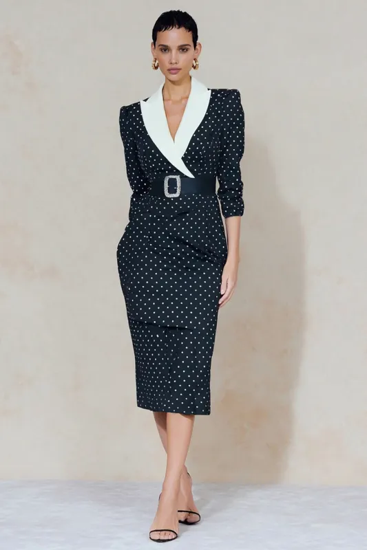 Navy White Dot Peak Lapel Bodycon Midi Work Dress with Rhinestone Belt sold by Zapaka