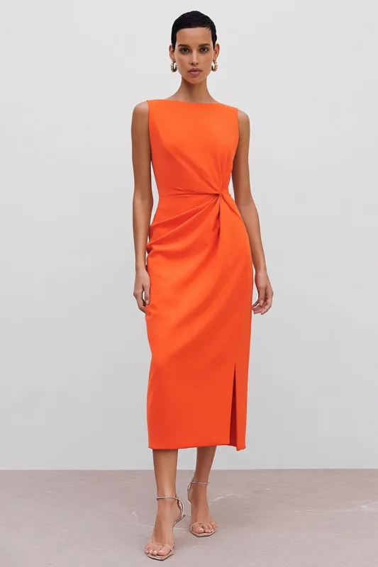 Orange Satin Bateau Neck Sheath Ruched Midi Work Dress with Slit sold by Zapaka