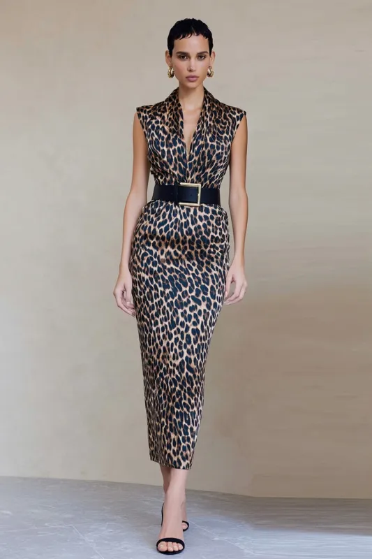 Brown Leopard Bodycon Printed Satin Midi Work Dress with Belt sold by Zapaka