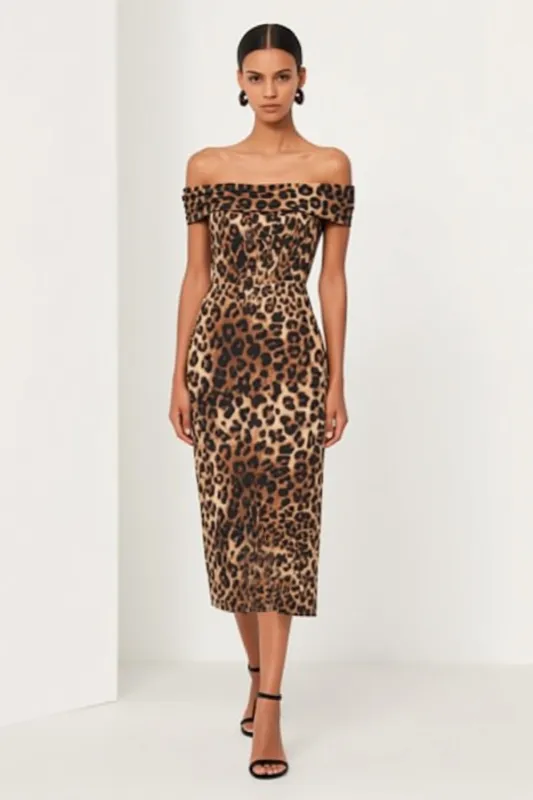 Brown Leopard Off The Shoulder Sheath Work Dress with Back Slit sold by Zapaka