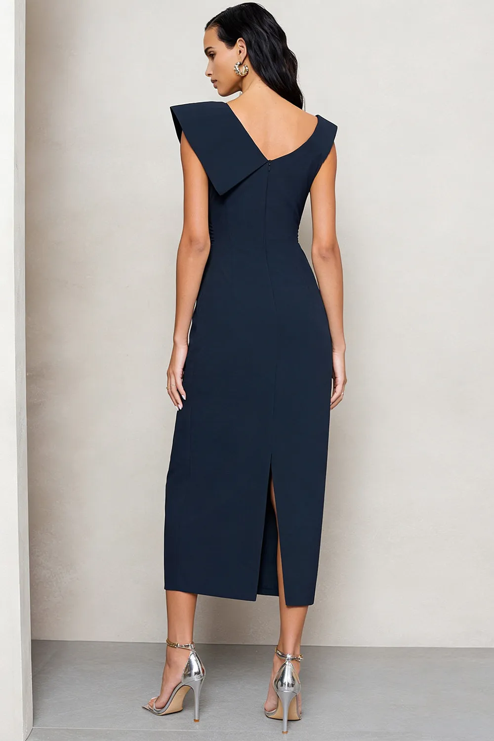 Navy Sheath Ruched Satin Midi Work Dress with Slit sold by Zapaka product image thumbnail 2