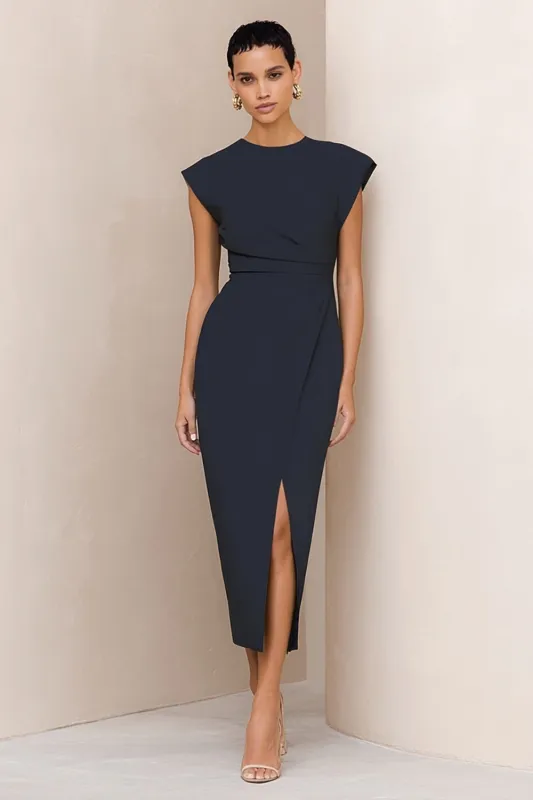 Navy Round Neck Satin Bodycon Midi Work Dress with Slit sold by Zapaka