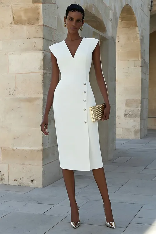 Ivory Satin V-Neck Bodycon Single Breasted Midi Work Dress made by Zapaka