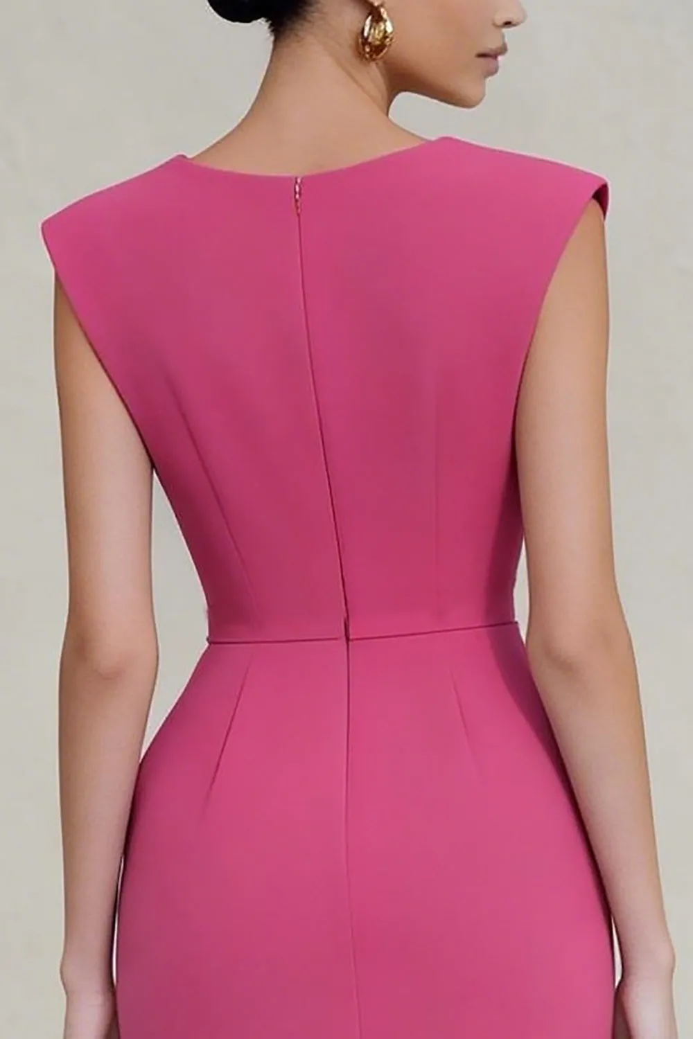 Sheath Ruched V-Neck Hot Pink Midi Work Dress with Slit sold by Zapaka product image thumbnail 4