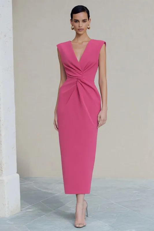 Sheath Ruched V-Neck Hot Pink Midi Work Dress with Slit sold by Zapaka
