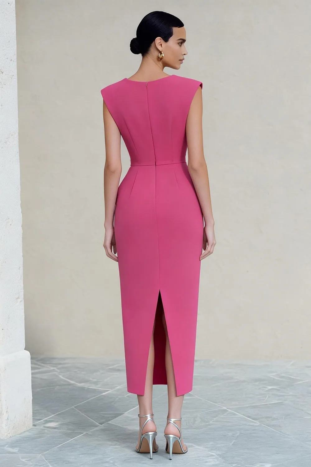 Sheath Ruched V-Neck Hot Pink Midi Work Dress with Slit sold by Zapaka product image thumbnail 2