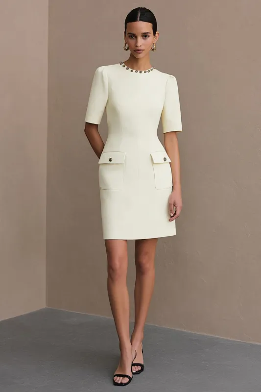 Ivory Satin Round Neck Bodycon Short Work Dress with Pockets sold by Zapaka