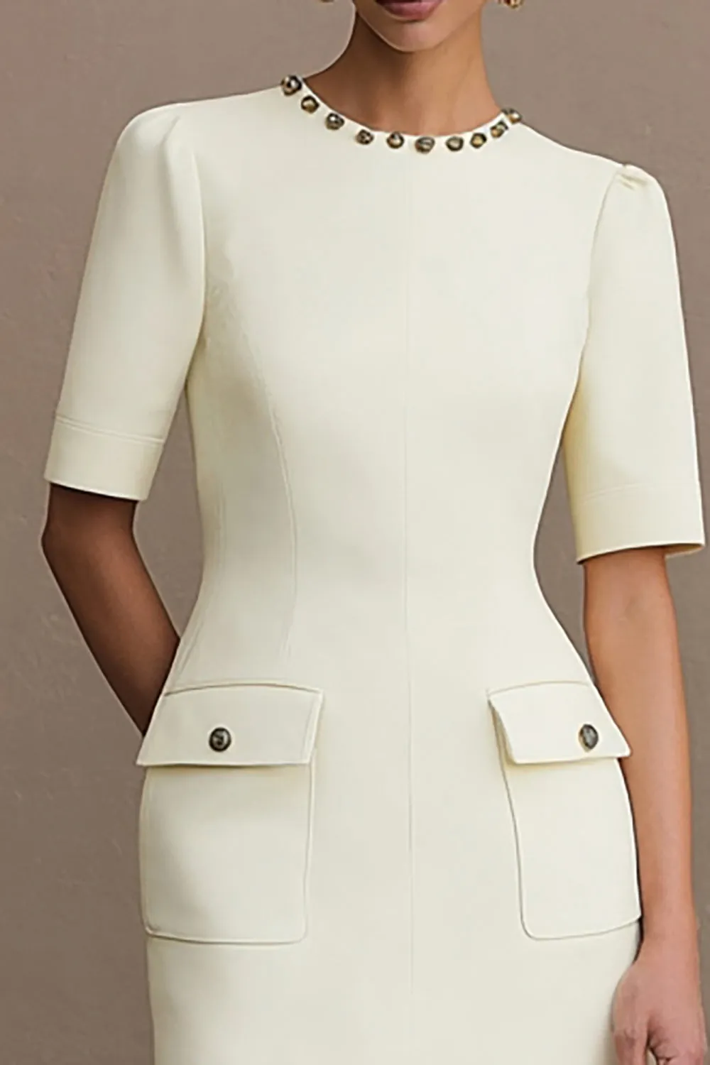 Ivory Satin Round Neck Bodycon Short Work Dress with Pockets sold by Zapaka product image thumbnail 3