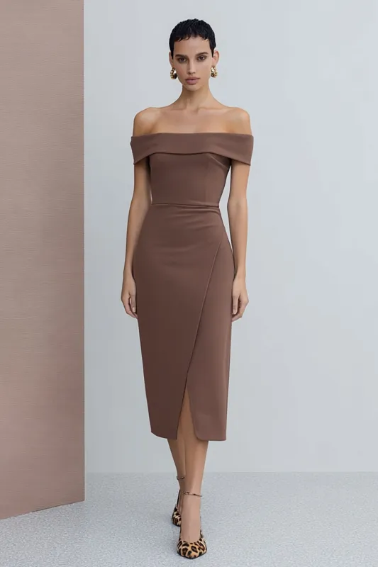 Off The Shoulder Brown Satin Sheath Midi Work Dress with Slit sold by Zapaka