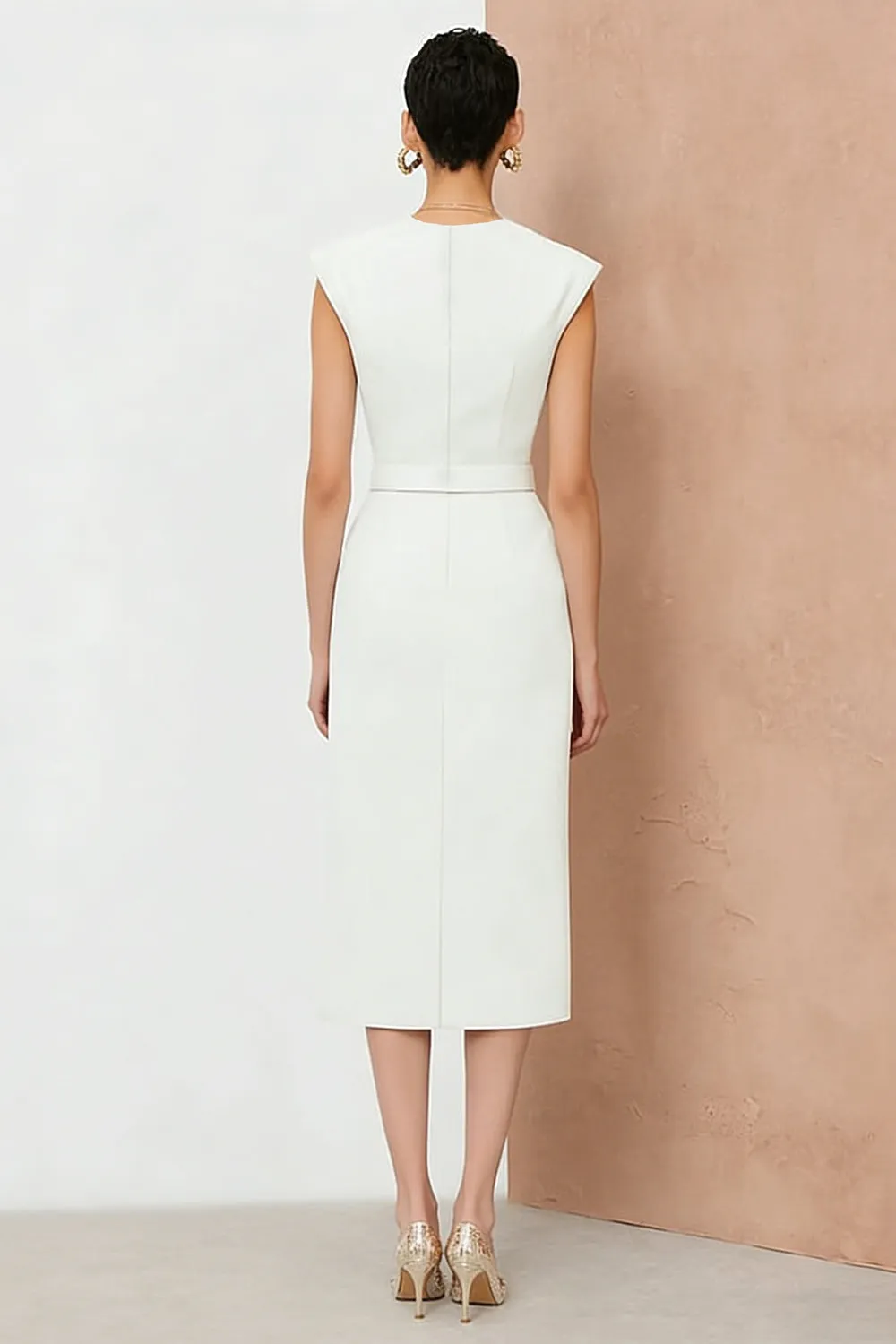 Sheath Ivory V-Neck Midi Work Dress with Belt sold by Zapaka product image thumbnail 2