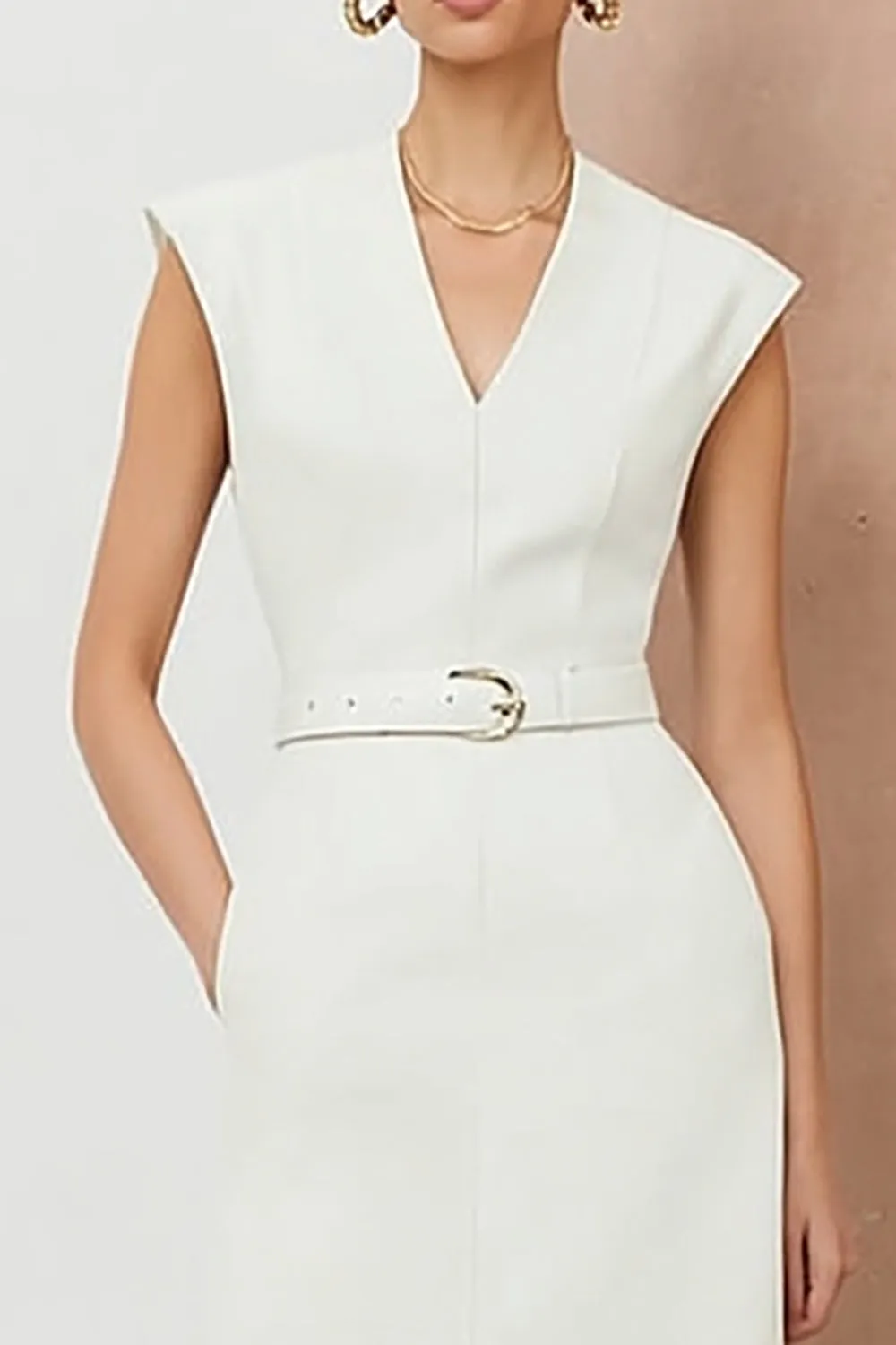 Sheath Ivory V-Neck Midi Work Dress with Belt sold by Zapaka product image thumbnail 3