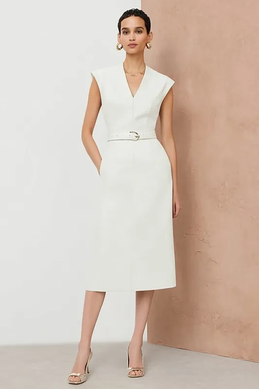 Sheath Ivory V-Neck Midi Work Dress with Belt sold by Zapaka