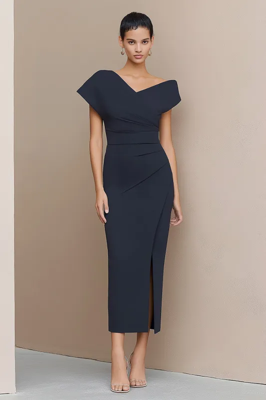 Navy Sheath V-Neck Midi Work Dress with Slit sold by Zapaka