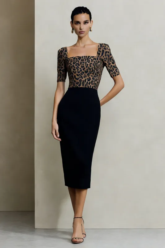 Sheath Black and Brown Leopard Short Sleeve Midi Work Dress sold by Zapaka