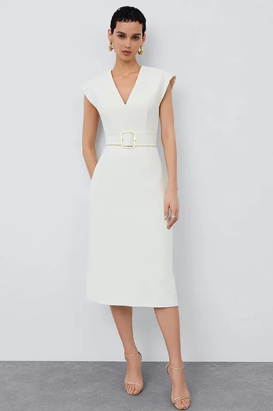 Ivory Sheath V-Neck Midi Work Dress with Belt sold by Zapaka