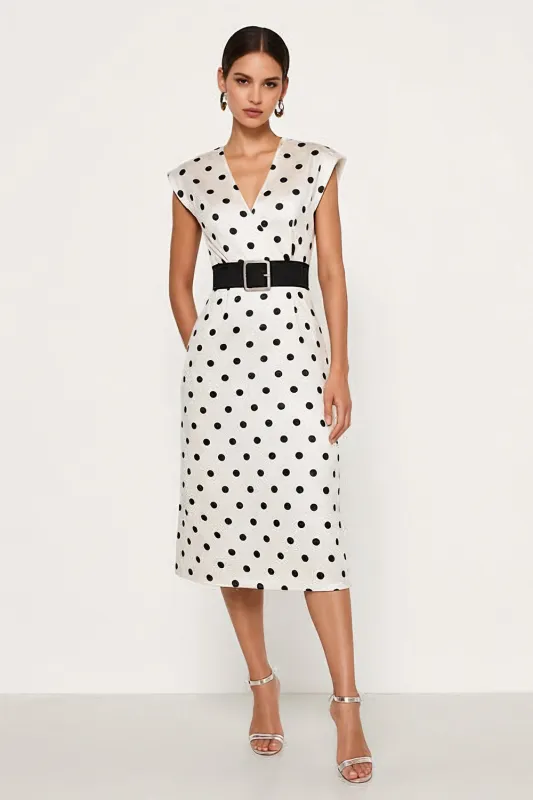 White Black Dots V-Neck Sheath Midi Work Dress with Belt sold by Zapaka