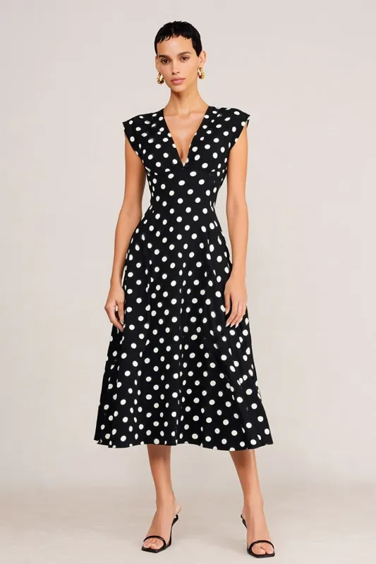 Simple Black White Dot A-Line V-Neck Midi Work Dress sold by Zapaka