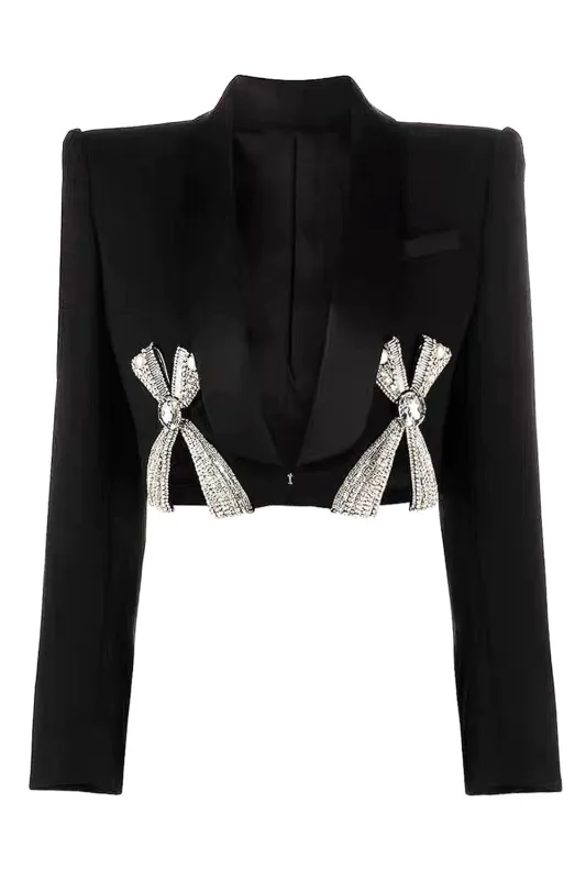 Black Velevt Shawl Lapel Women Blazer with Bow sold by Zapaka