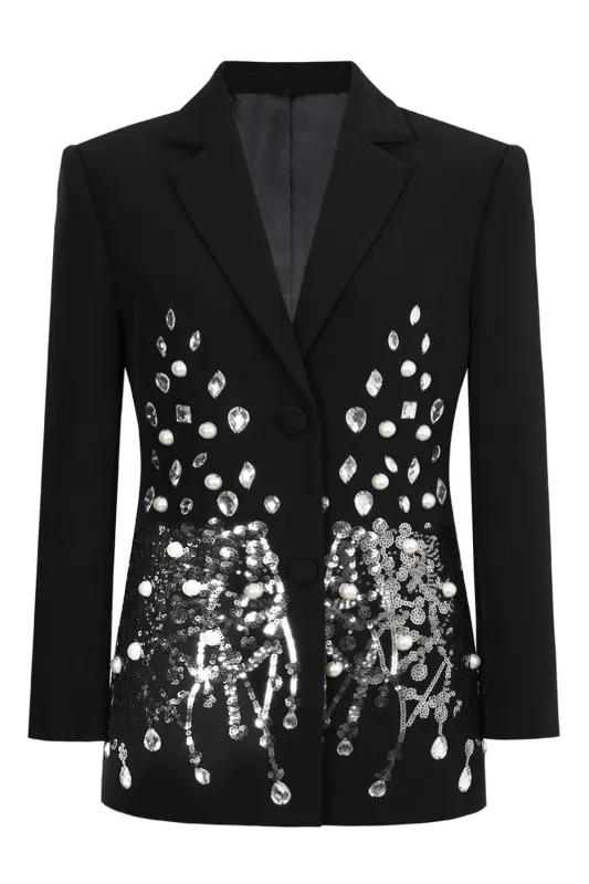 Beaded Black Sequin Notched Lapel Women Blazer sold by Zapaka