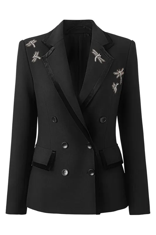 Black Beaded Embroidered Double Breasted Notched Lapel Blazer sold by Zapaka