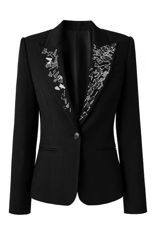 Black Mirror Beaded Peak Lapel One Button Blazer sold by Zapaka