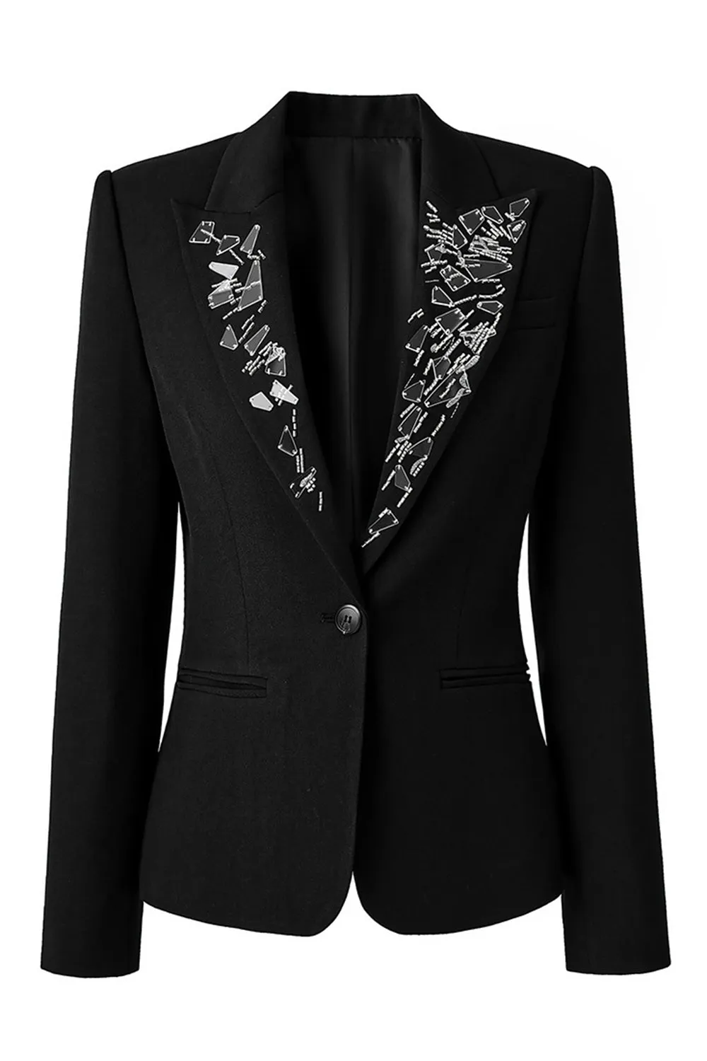 Black Mirror Beaded Peak Lapel One Button Blazer sold by Zapaka