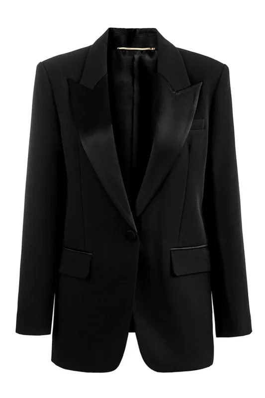 Black Peak Lapel One Button Satin Blazer sold by Zapaka