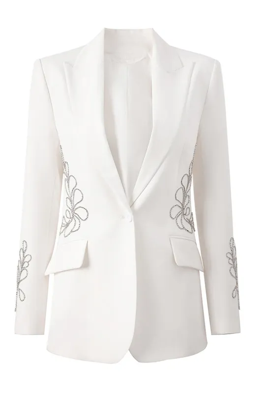 White One Button Beaded Peak Lapel Women Blazer sold by Zapaka