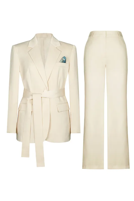 Ivory 2-Piece Notched Lapel Women Suits with Belt sold by Zapaka