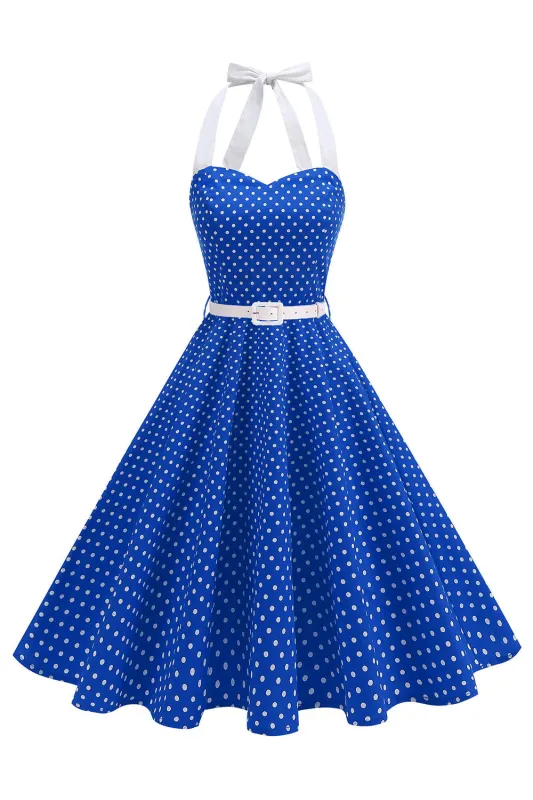 Halter Polka Dots Royal Blue A Line 1950s Dress sold by Zapaka