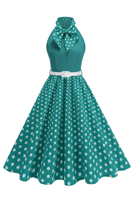 High Neck Polka Dots Green A Line 1950s Dress with Bow sold by Zapaka