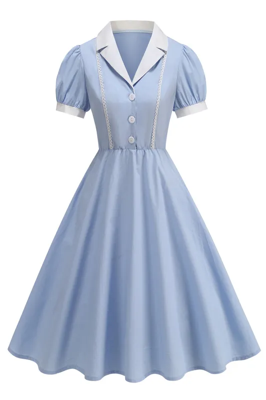 Notched Lapel Blue A Line Single Breasted 1950s Dress sold by Zapaka