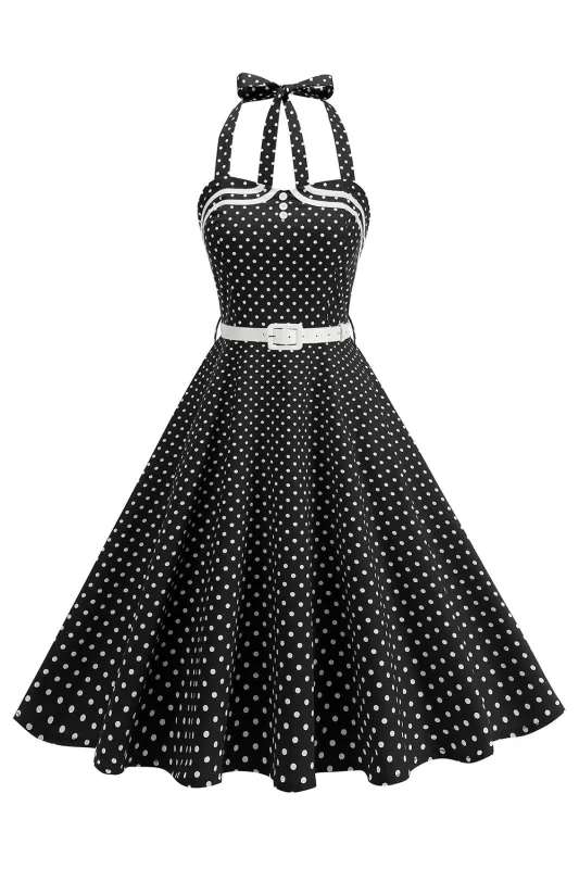 Polka Dots Halter Black A Line 1950s Dress with Bow sold by Zapaka