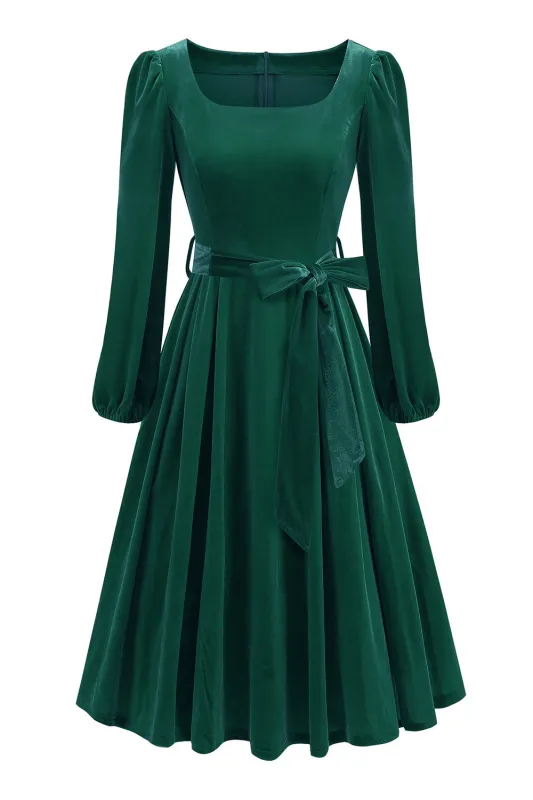 Dark Green Long Sleeve A Line 1950s Dress with Belt sold by Zapaka