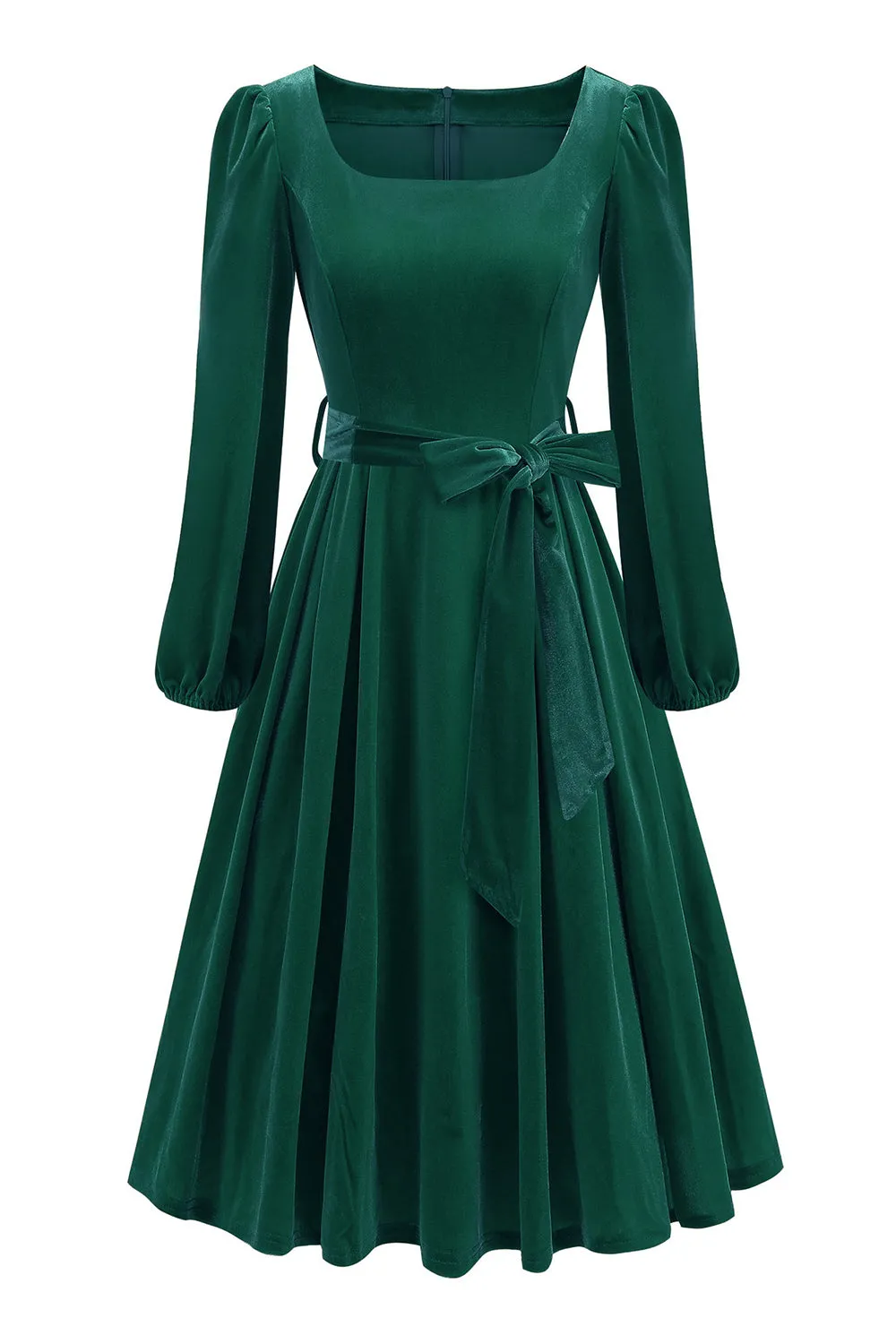 Dark Green Long Sleeve A Line 1950s Dress with Belt sold by Zapaka