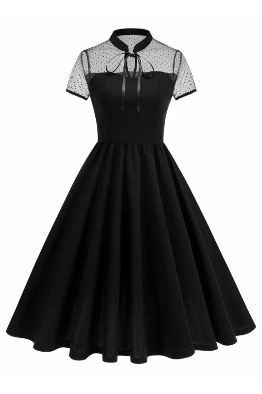 High Neck Black Polka Dots A Line 1950s Dress sold by Zapaka