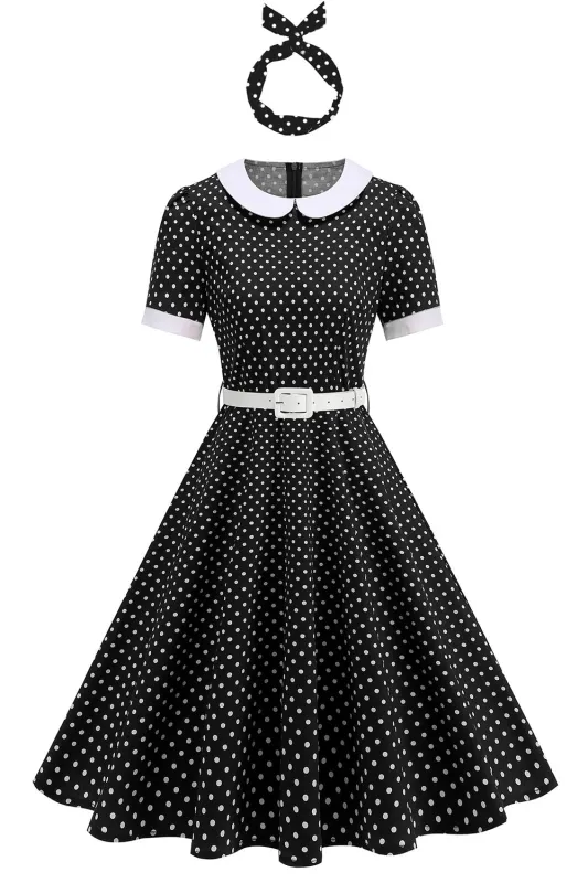 Round Neck Polka Dots Black A Line 1950s Dress made by Zapaka