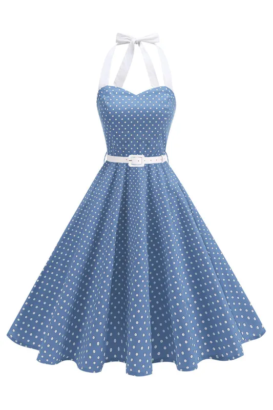 Halter Polka Dots Light Blue A Line 1950s Dress sold by Zapaka