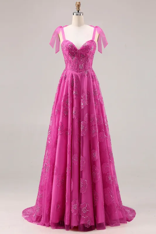 Fuchsia A-Line Beaded Floral Burnot Long Prom Dress with Lace Up Back sold by Zapaka