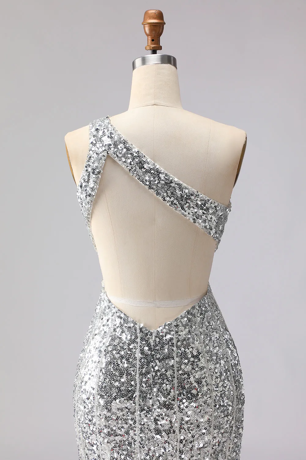 Sparkly Silver One Shoulder Cut Out Mermaid Sequin Long Prom Dress with Slit sold by Zapaka product image thumbnail 5