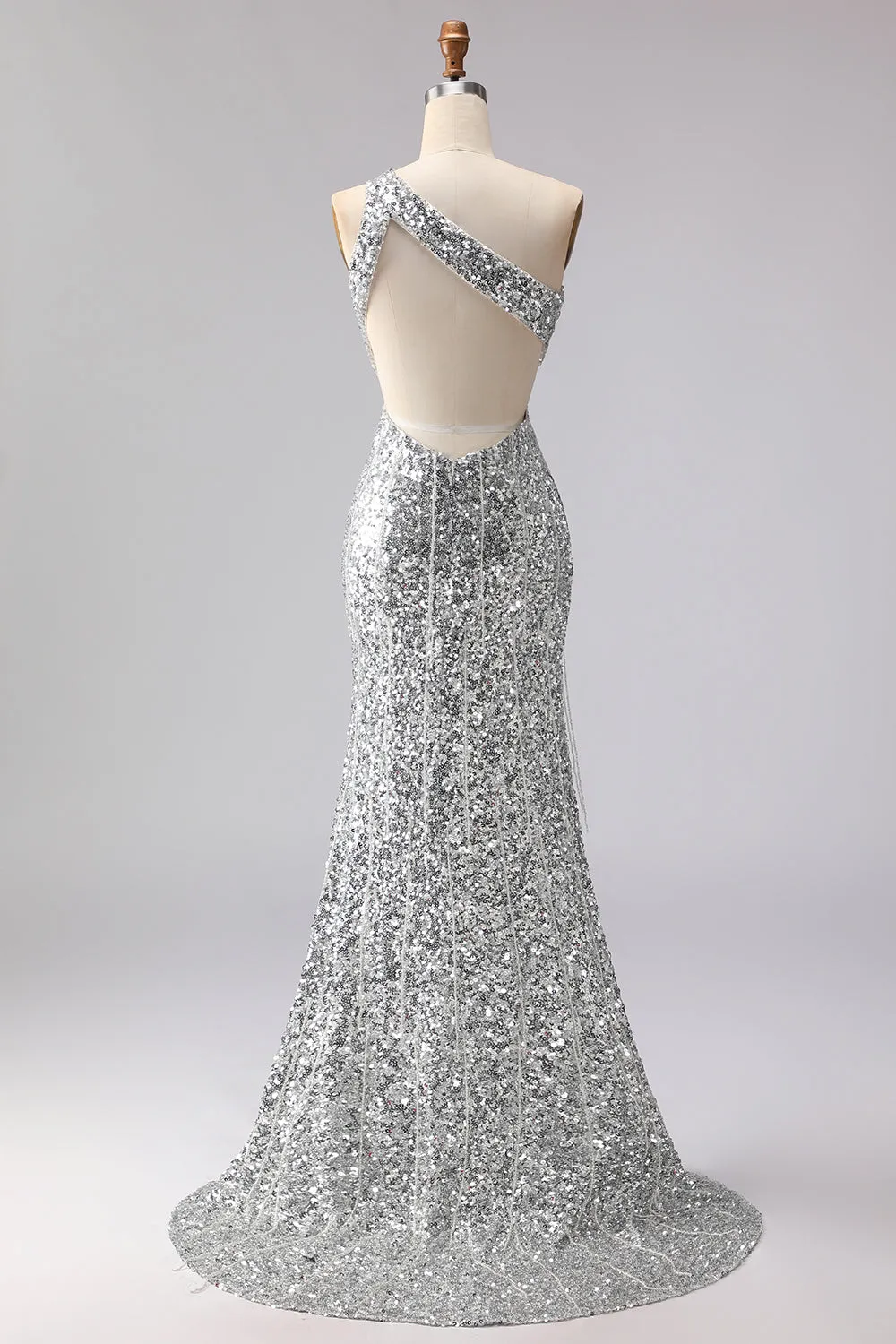 Sparkly Silver One Shoulder Cut Out Mermaid Sequin Long Prom Dress with Slit sold by Zapaka product image thumbnail 2