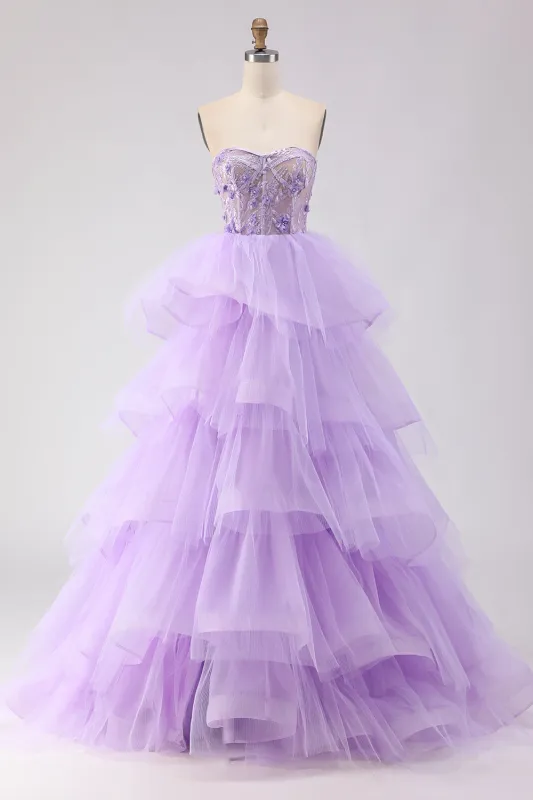 Princess Strapless Purple Corset Pearls Long Prom Dress with Ruffles sold by Zapaka