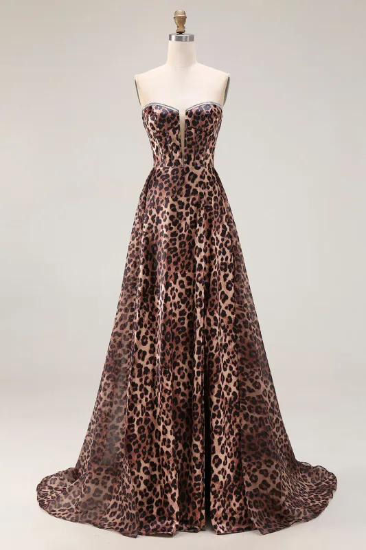 Strapless Brown Leopard A-Line Corset Long Prom Dress with Slit sold by Zapaka