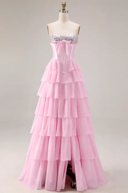 Pink Strapless A-Line Tiered Corset Sequin Long Prom Dress with Slit sold by Zapaka